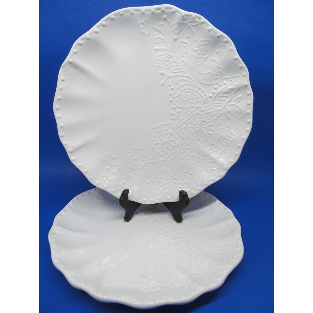 Pier 1 "Lacey" Embossed Flowers Set Of 2 White 9" Salad Plates READ DESCR CHIP